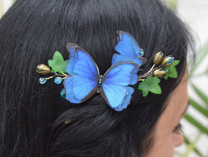 Morpho Blue Silk Butterfly Hair Comb