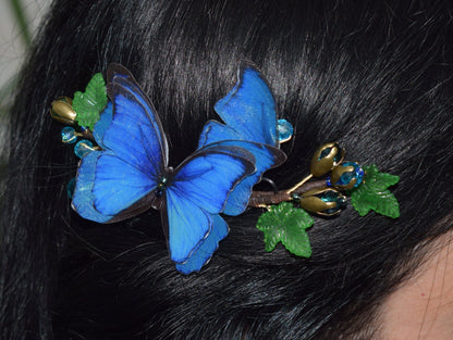 Morpho Blue Silk Butterfly Hair Comb