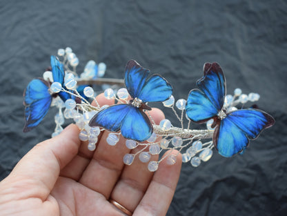 Morpho blue butterfly headband with moonstones