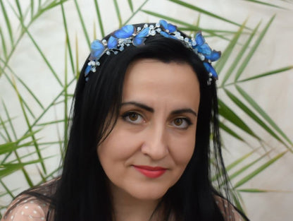 Morpho blue butterfly headband with moonstones