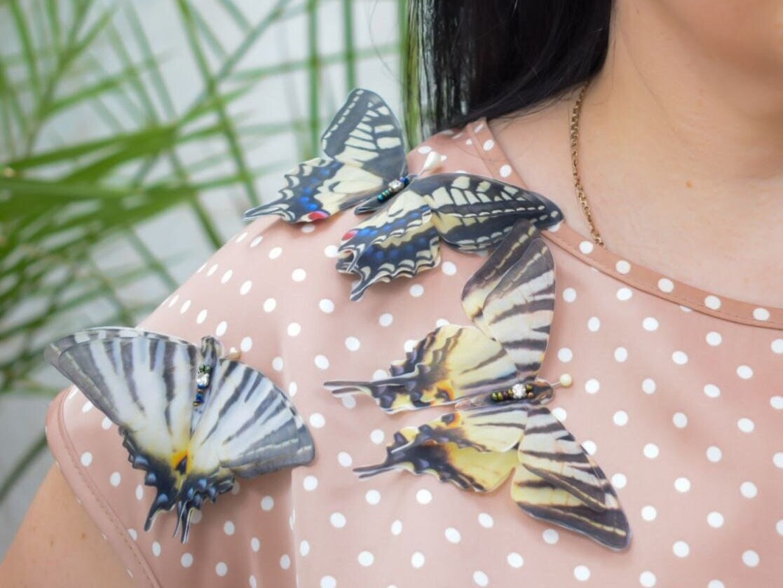 Silk Swallowtail butterflies hair clip or brooch moving wings