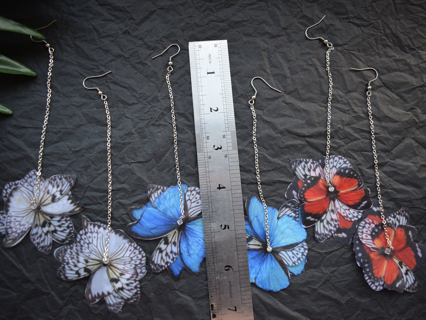 Silk butterflies extra long chains drop earrings