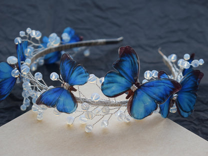 Morpho blue butterfly headband with moonstones