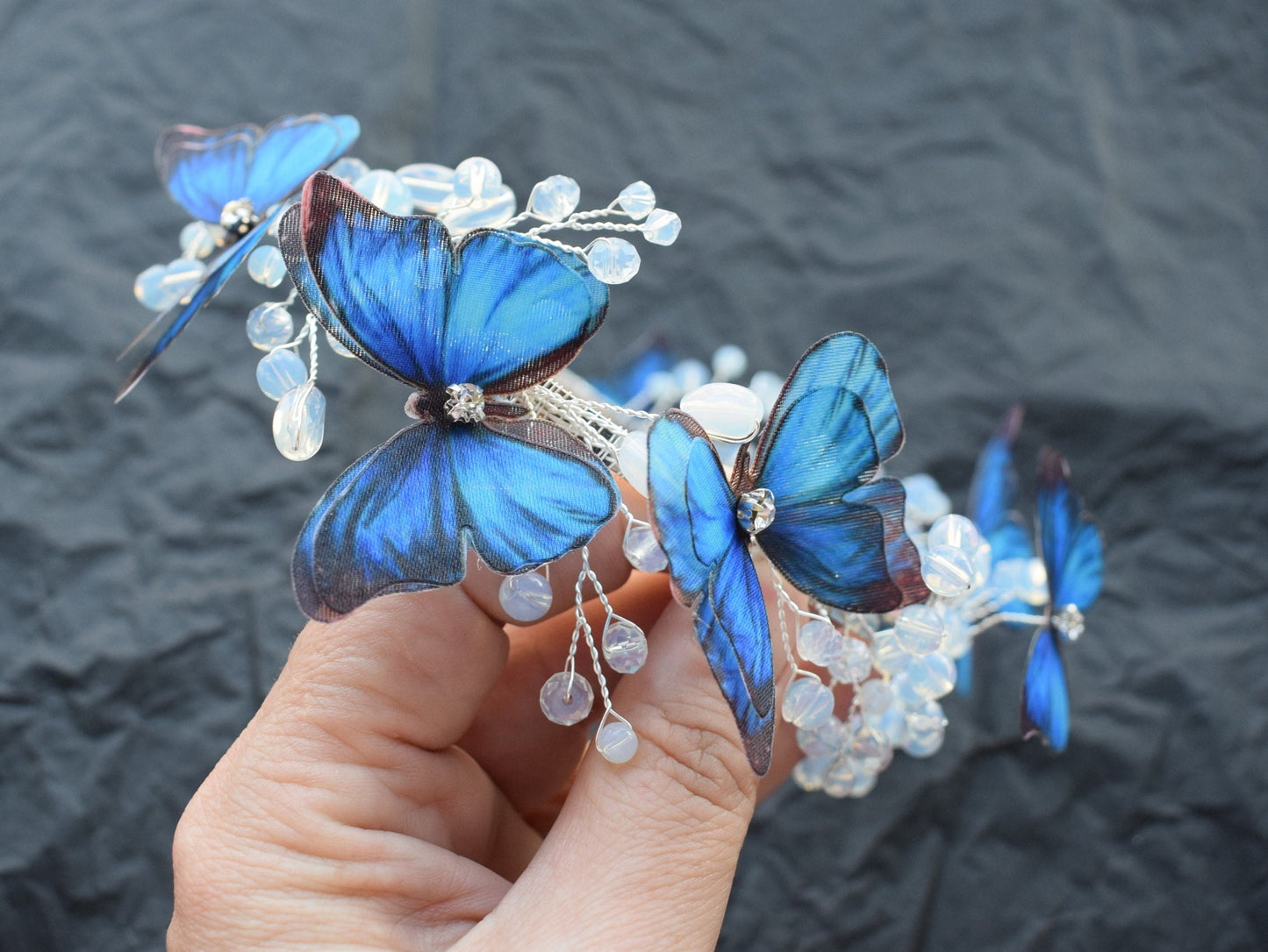 Morpho blue butterfly headband with moonstones