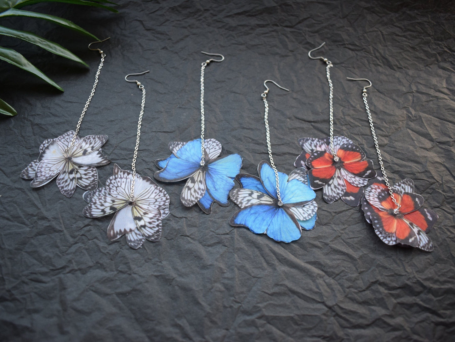 Silk butterflies extra long chains drop earrings