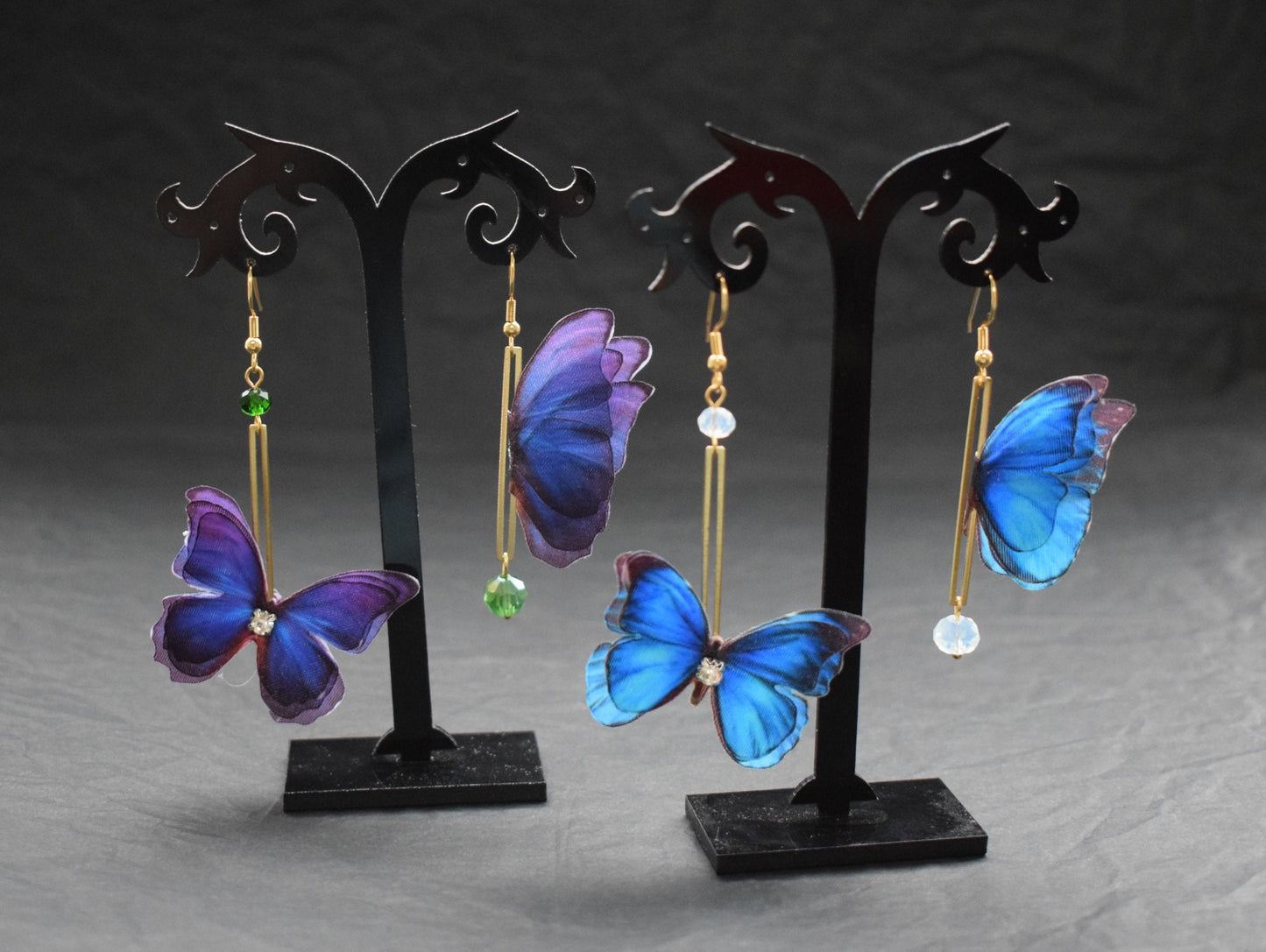 Golden mismatched drop earrings silk bright butterflies - something blue for your wedding ear accessories