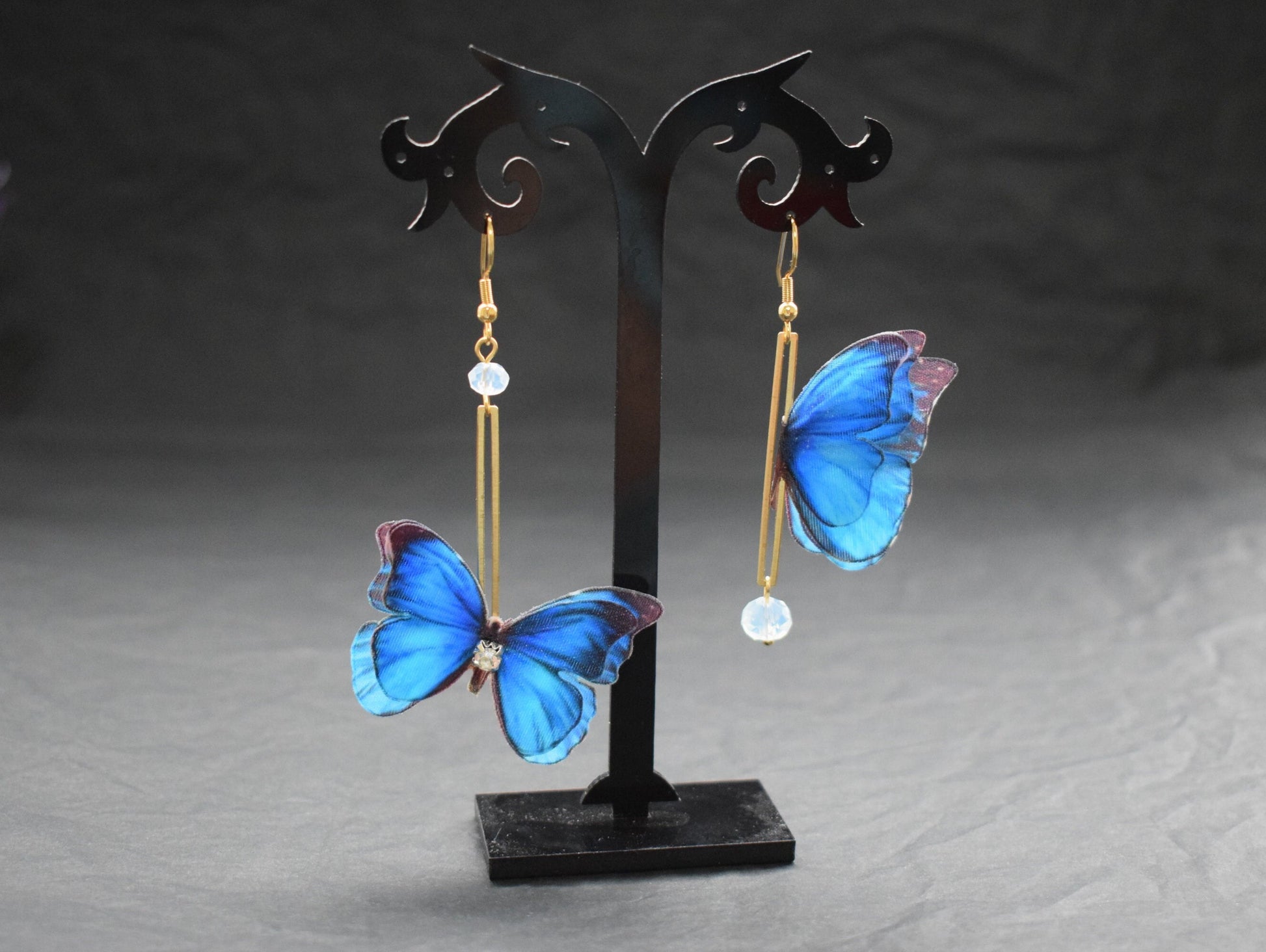 drop earrings wiith silk blue butterflies