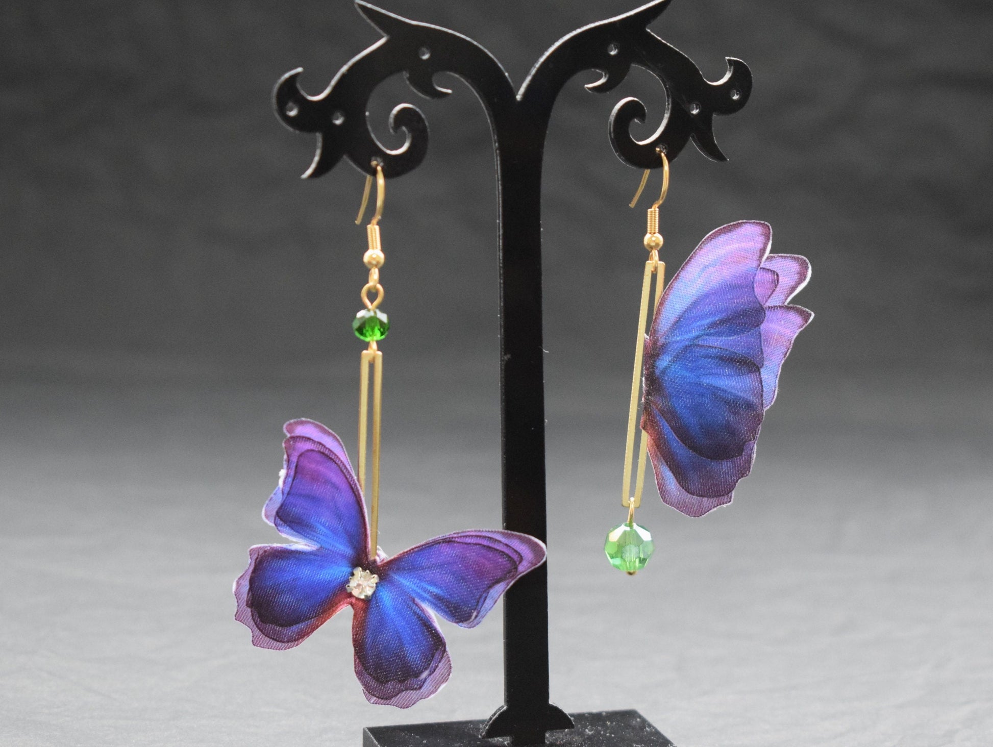 drop earrings wiith silk purple butterflies