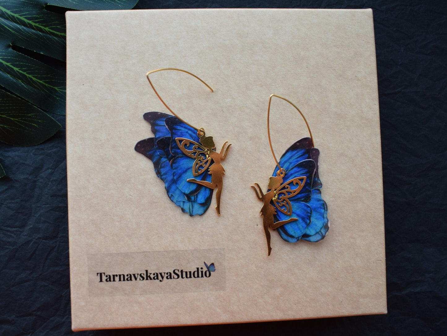 Little woodland fairy blue butterflies wings drop earrings