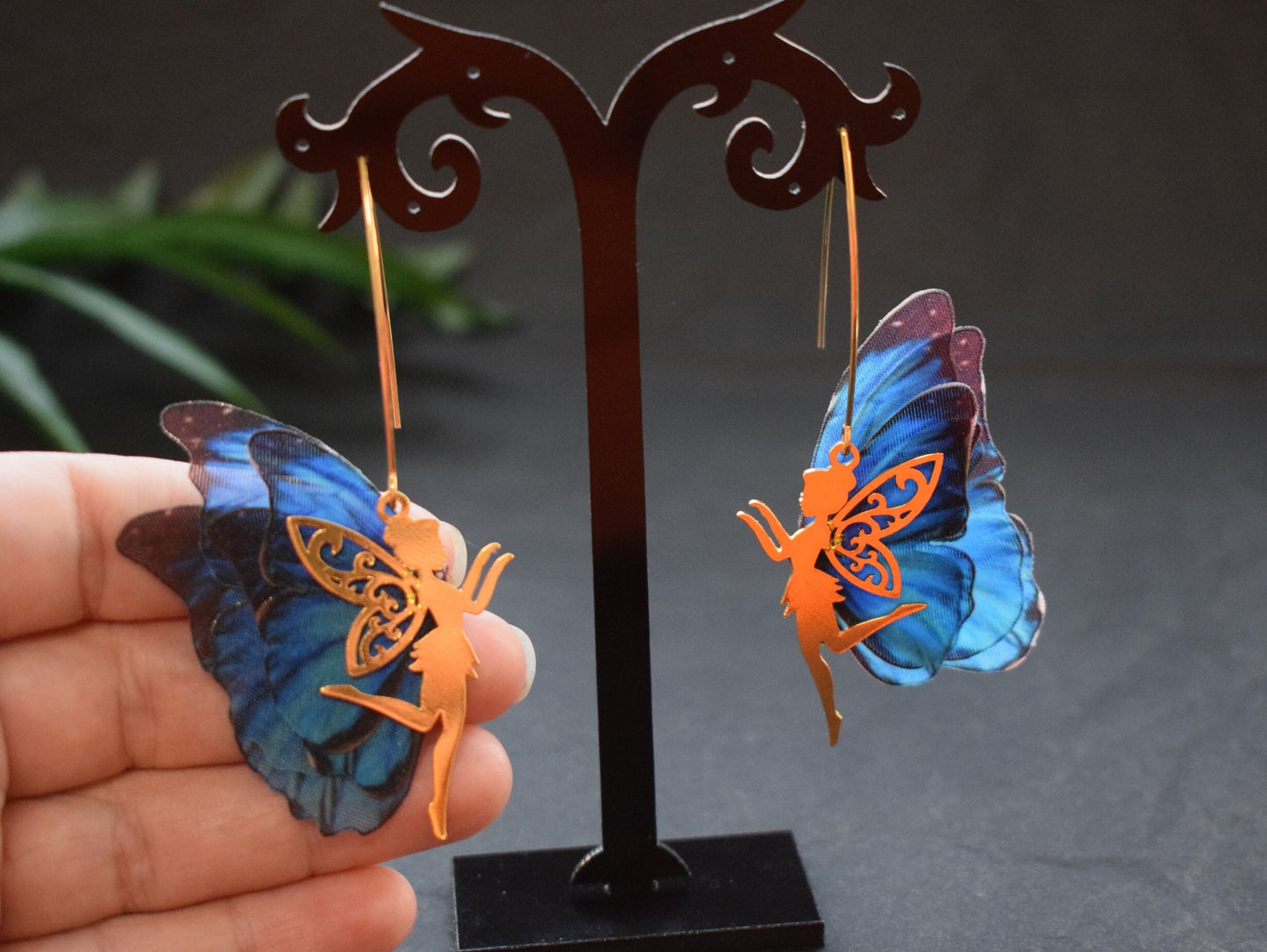 Little woodland fairy blue butterflies wings drop earrings