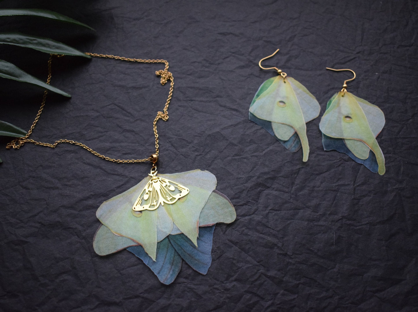 Silk olive luna moth necklace and earrings jewelry set