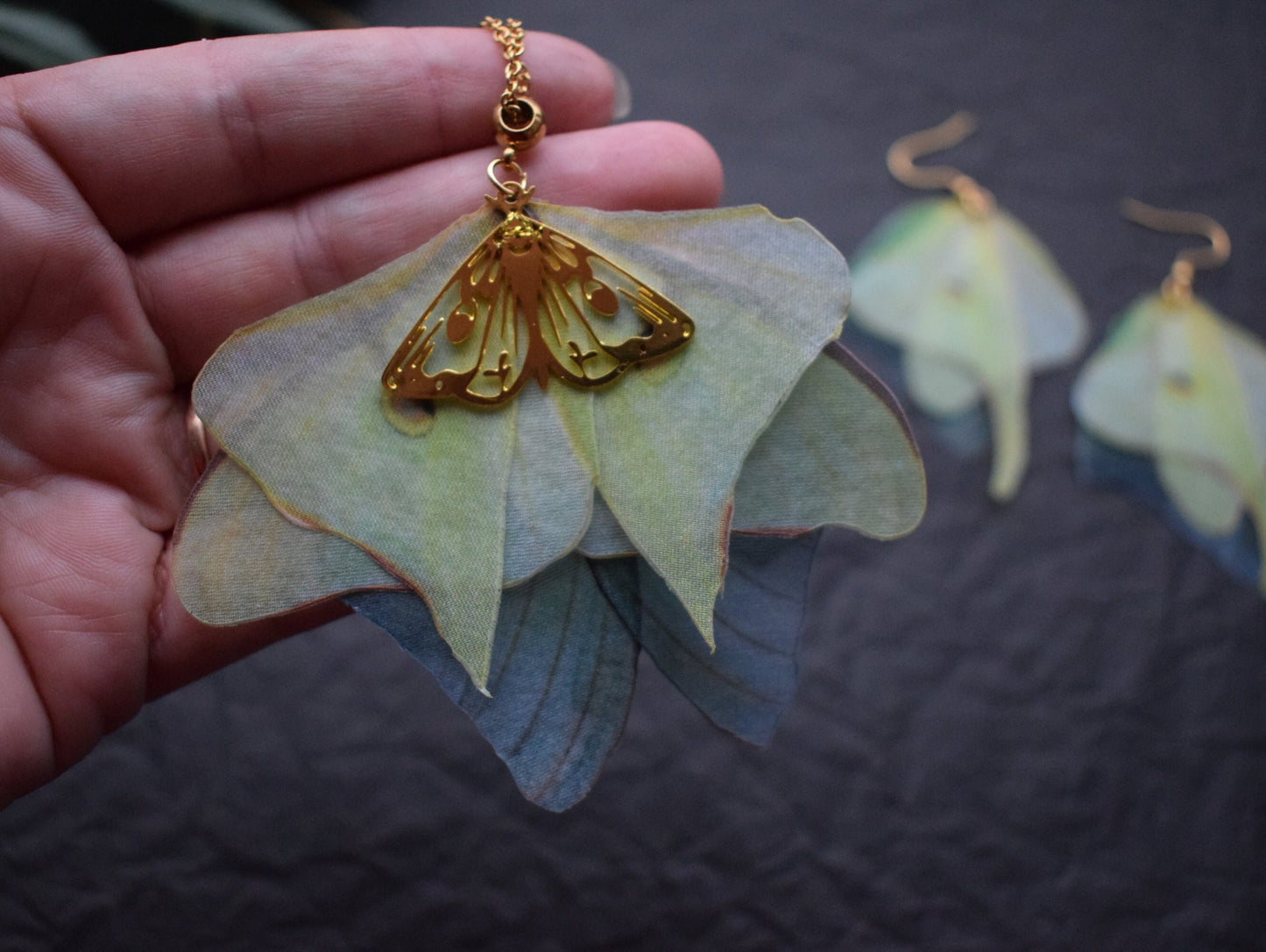 Silk olive luna moth necklace and earrings jewelry set