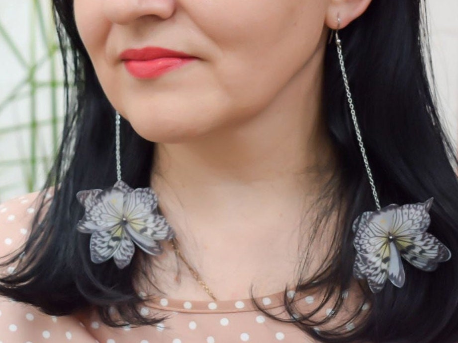 Silk butterflies extra long chains drop earrings