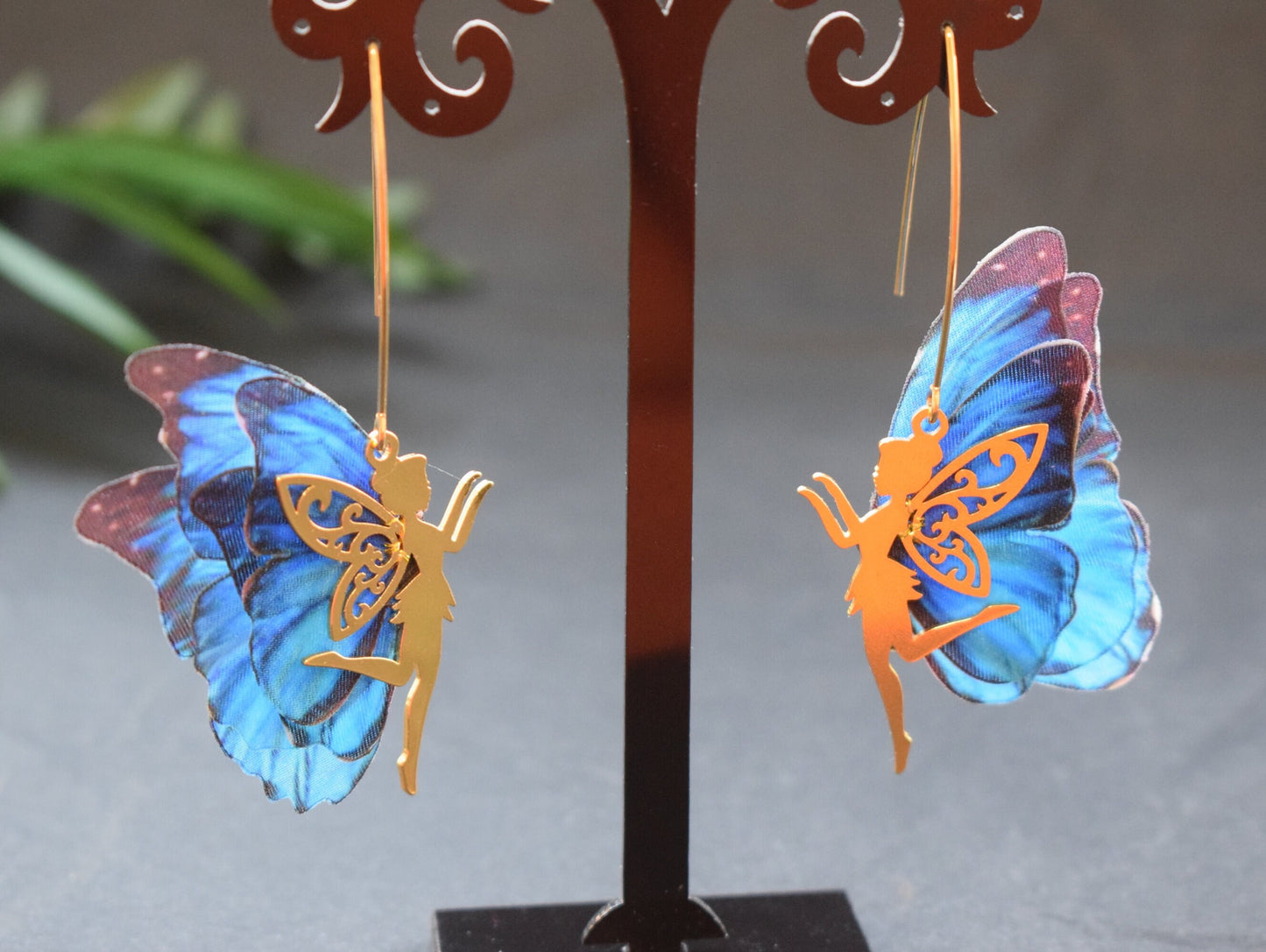 Little woodland fairy blue butterflies wings drop earrings