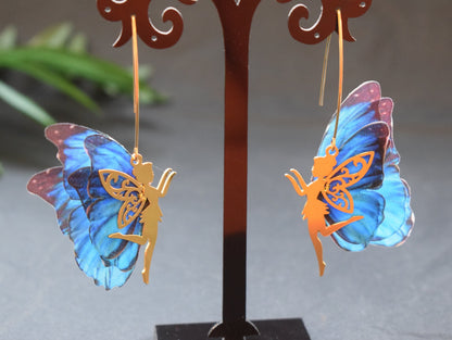 Little woodland fairy blue butterflies wings drop earrings