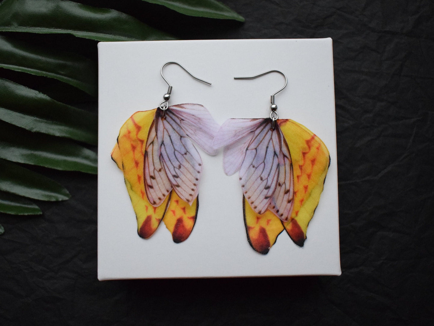 Silk butterflies wings dangle drop earrings