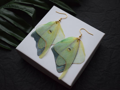 Silk olive luna moth necklace and earrings jewelry set