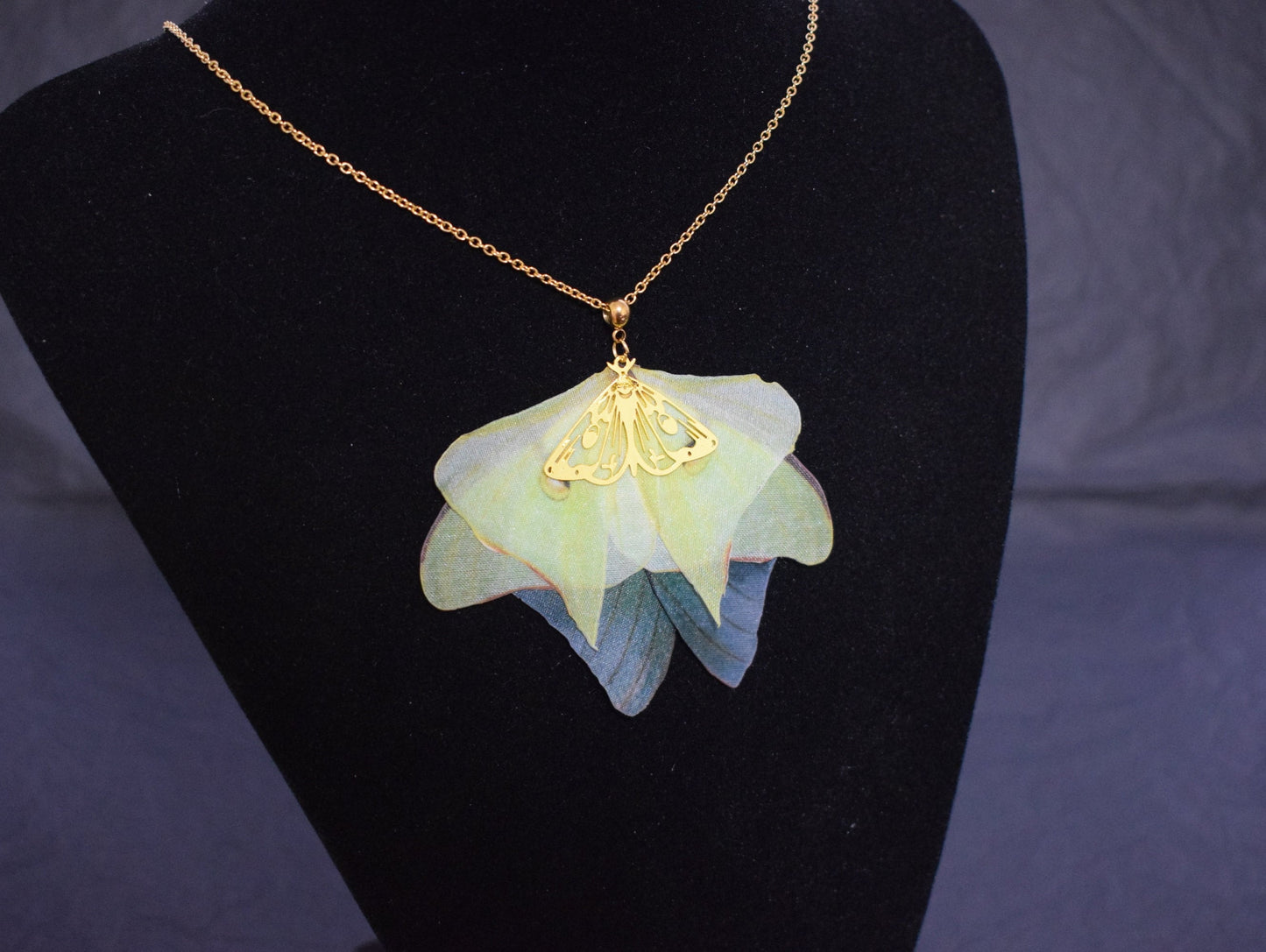 Silk olive luna moth necklace and earrings jewelry set