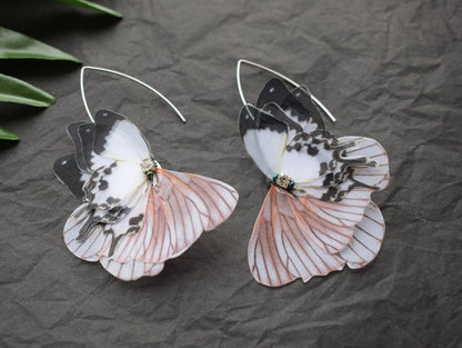 Silk orange butterflies moving wings drop earrings