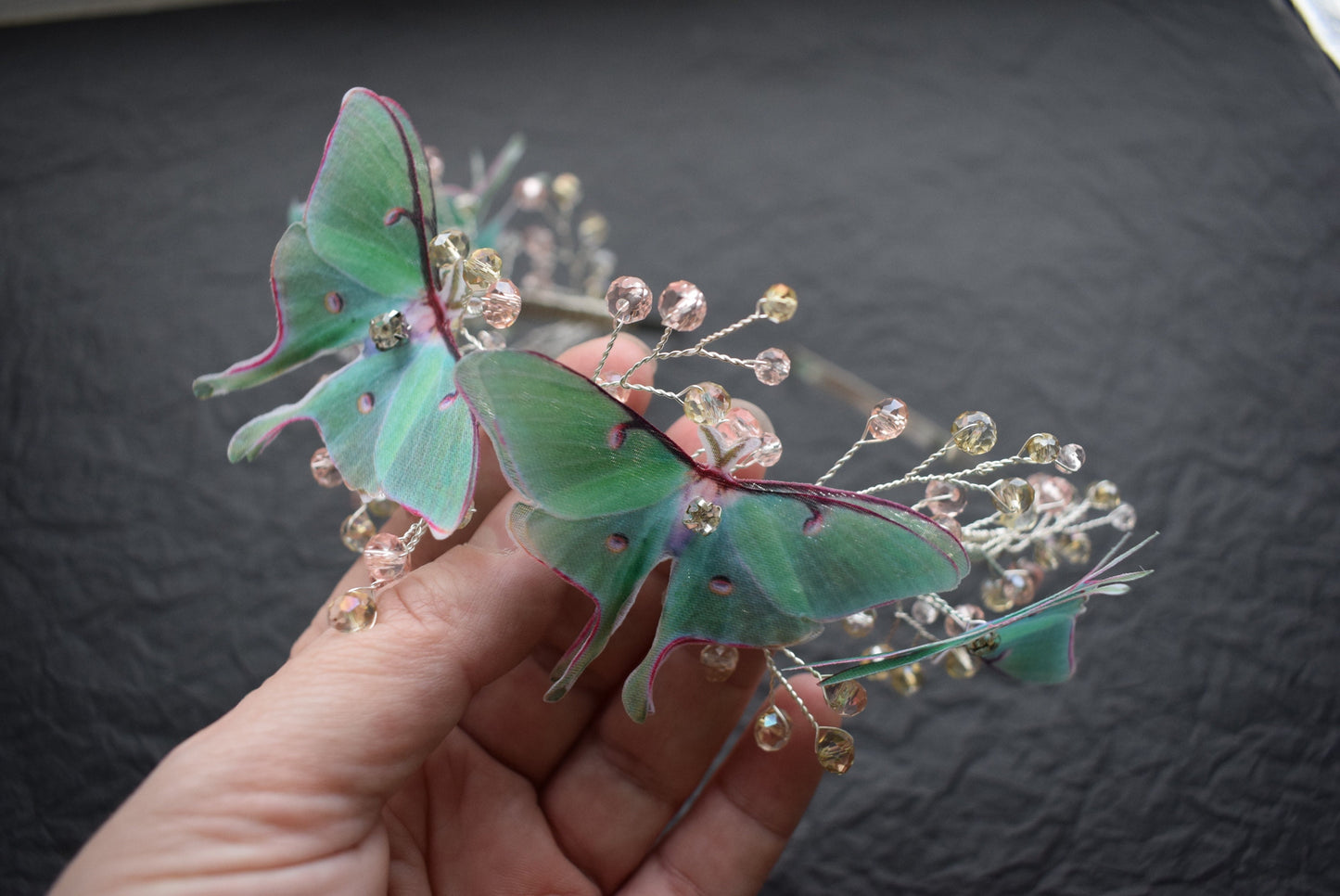 Silk Luna moth butterfly headband with crystals