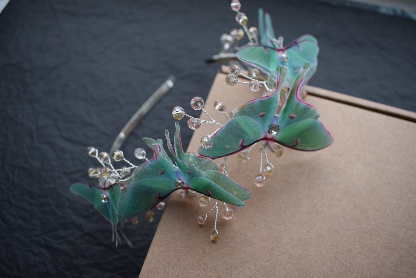 Silk Luna moth butterfly headband with crystals