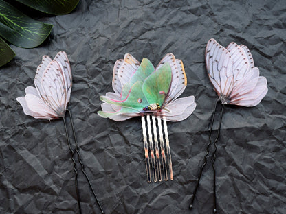 Silk luna moth butterflies hair pins and comb set of 3 pcs