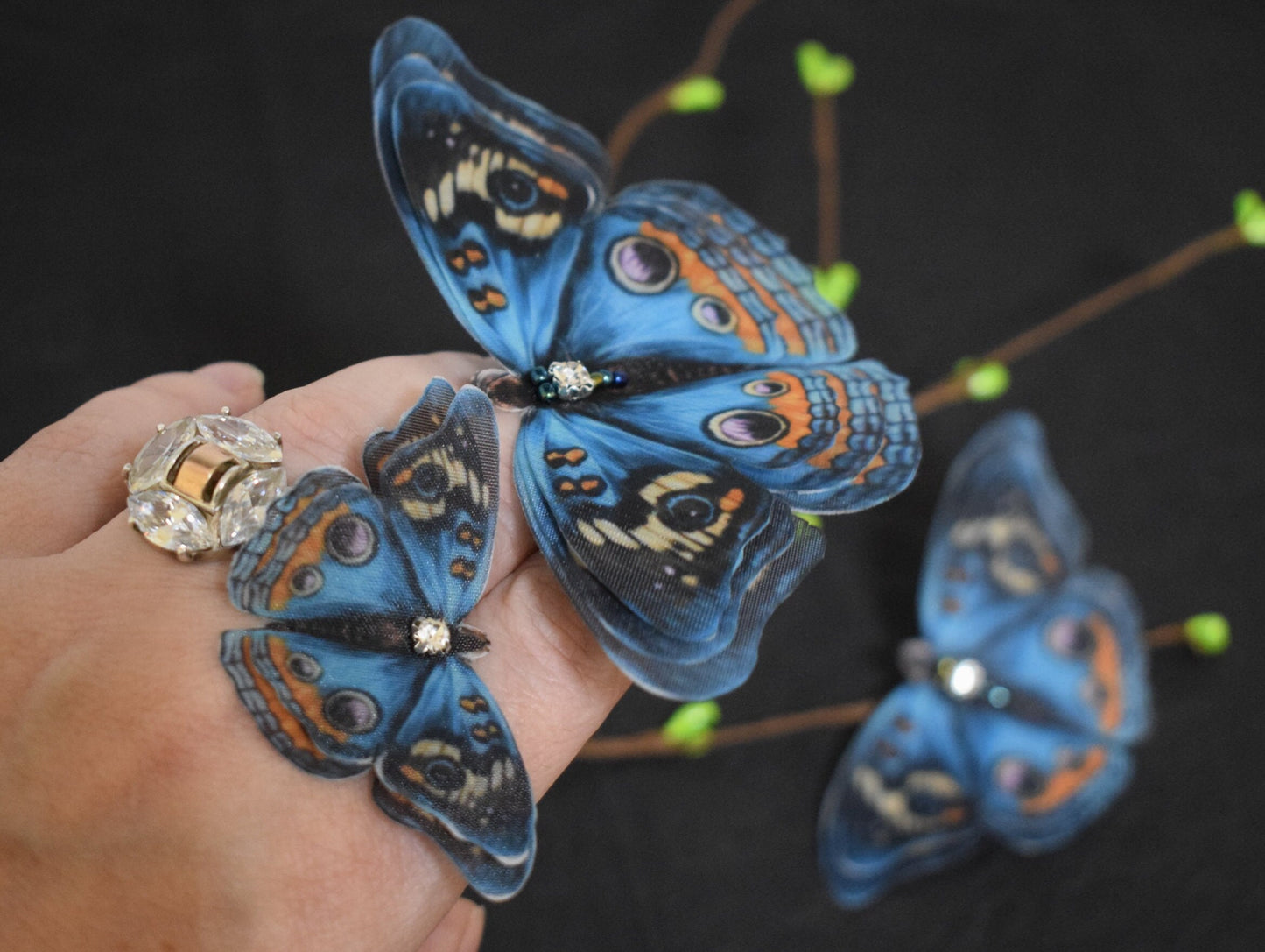 Caligo Blue Silk Butterfly Hair Clips or Brooch