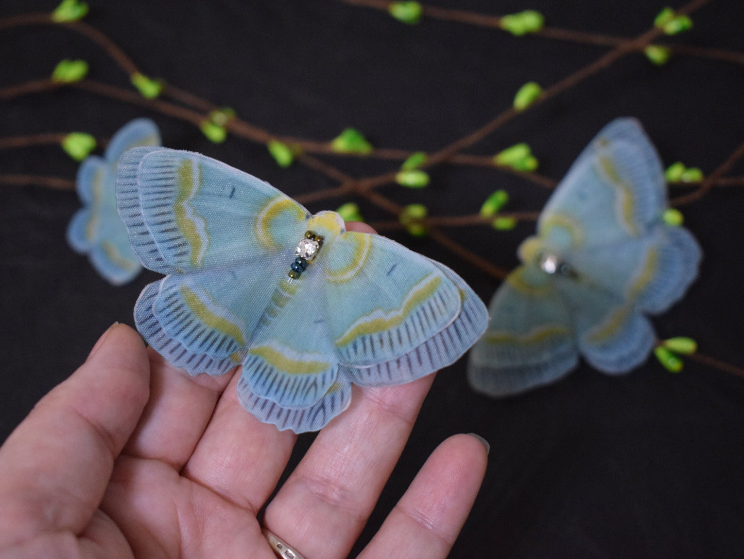 Silk Geometrid Moth dusty green butterfly hair clips or brooch