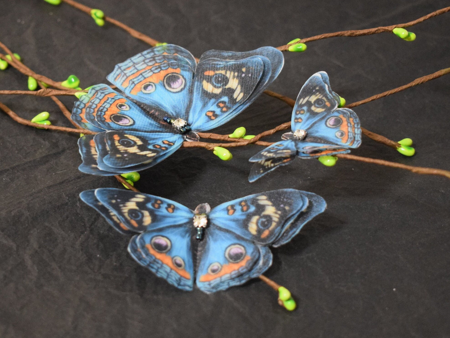 Caligo Blue Silk Butterfly Hair Clips or Brooch