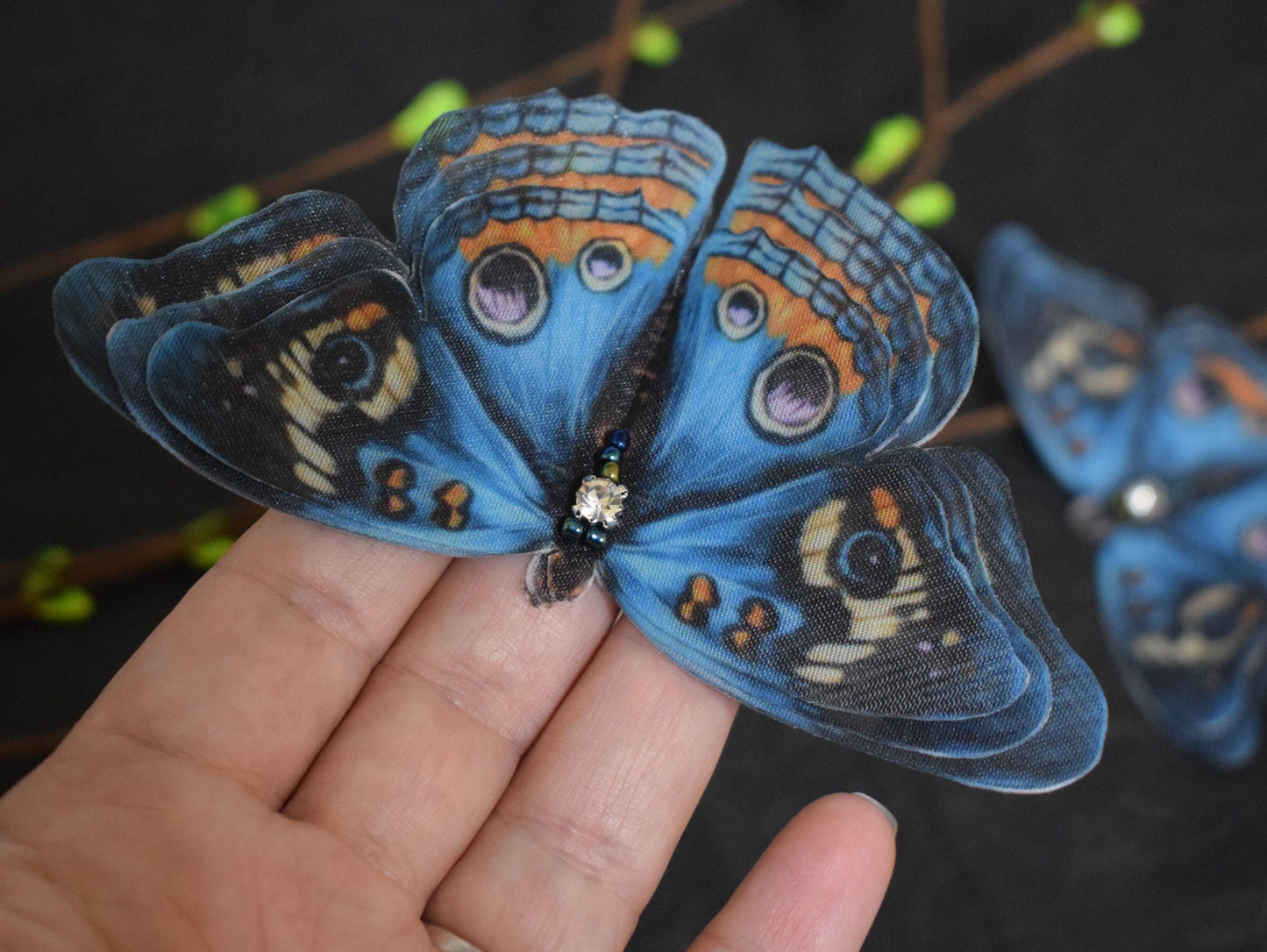 Caligo Blue Silk Butterfly Hair Clips or Brooch