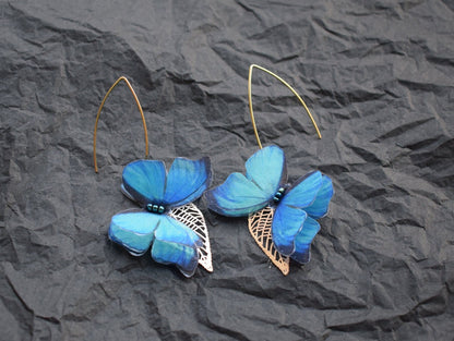 Silk blue butterflies drop earrings silver or golden leaf