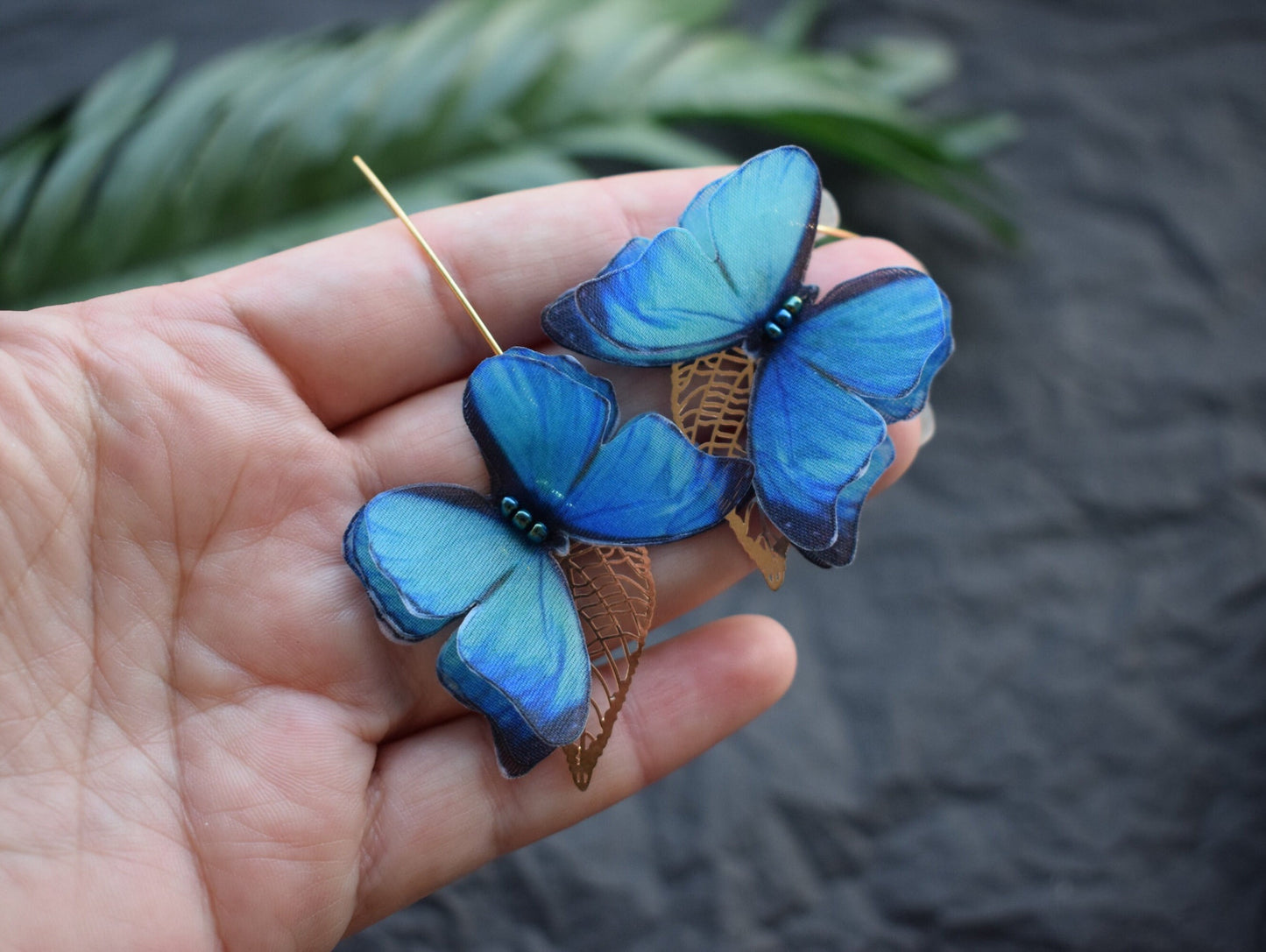 Silk blue butterflies drop earrings silver or golden leaf