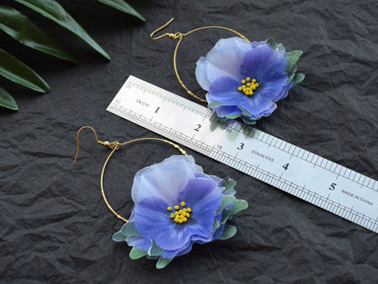 Blue Silk Pansy Hoop Earrings