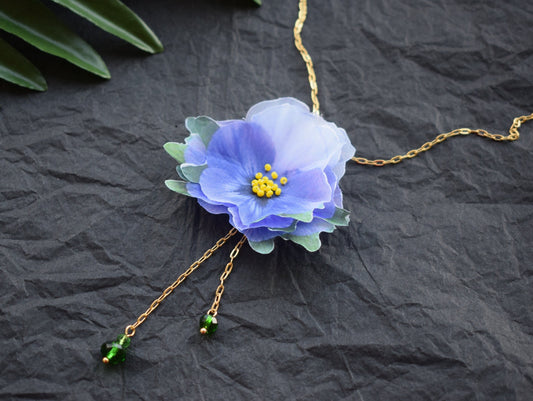 Silk Pansy Pendant Necklace with Golden Chain