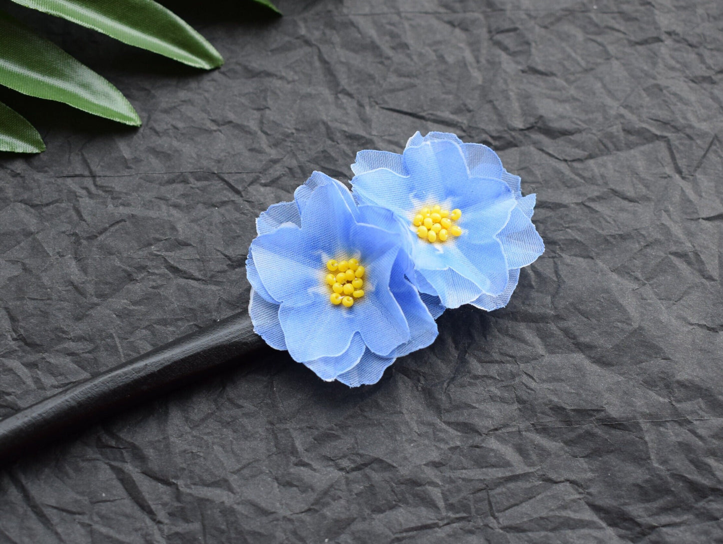 Wooden hair stick silk Forget-me-nots and Pansies