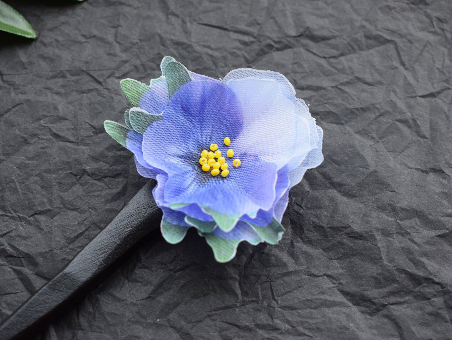 Wooden hair stick silk Forget-me-nots and Pansies