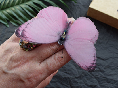 Pink silk butterfly hair clips pins or brooch 3d layered wings hair accessories for girl and woman