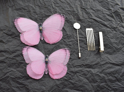 Pink silk butterfly hair clips pins or brooch 3d layered wings hair accessories for girl and woman