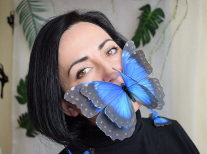 Silk huge blue butterfly brooch or dress decoration