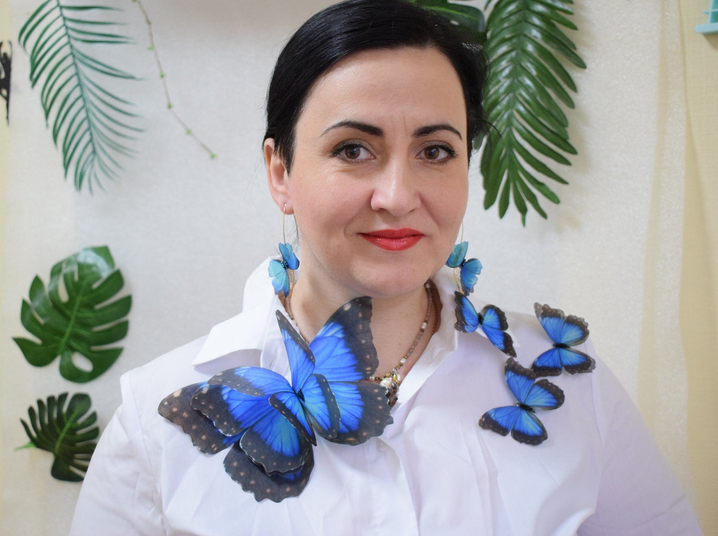 Silk huge blue butterfly brooch or dress decoration