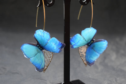 Silk blue butterflies drop earrings silver or golden leaf