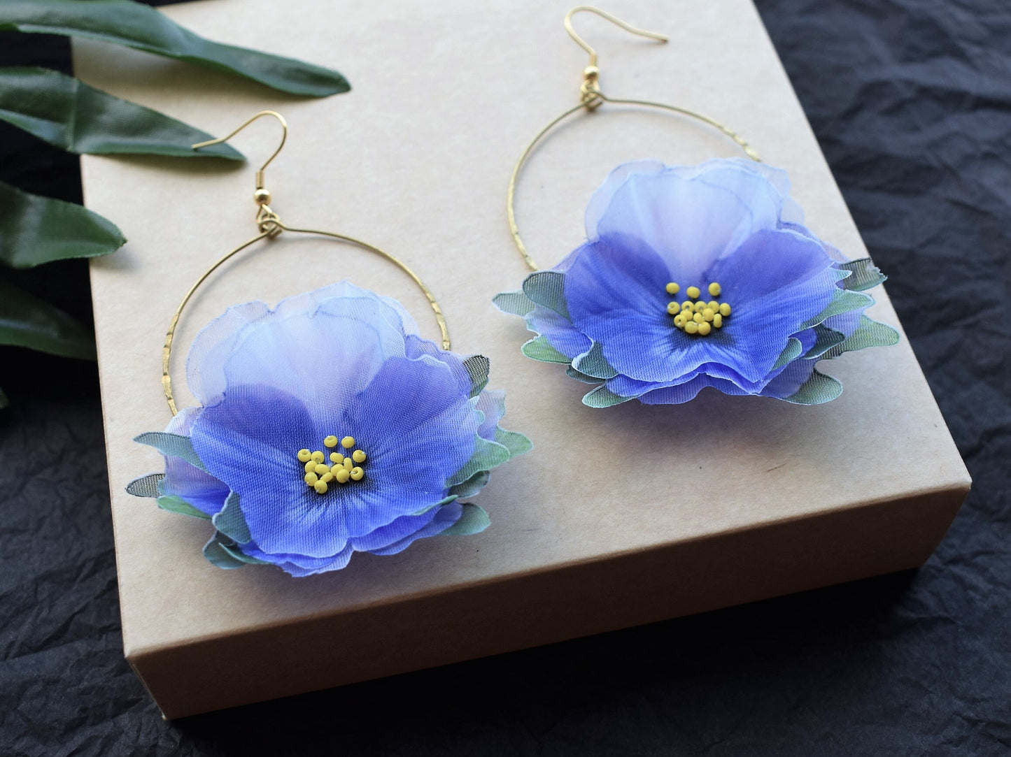 Blue Silk Pansy Hoop Earrings