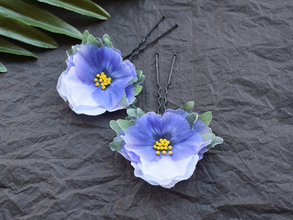 Pansies blue silk hair pins or brooch