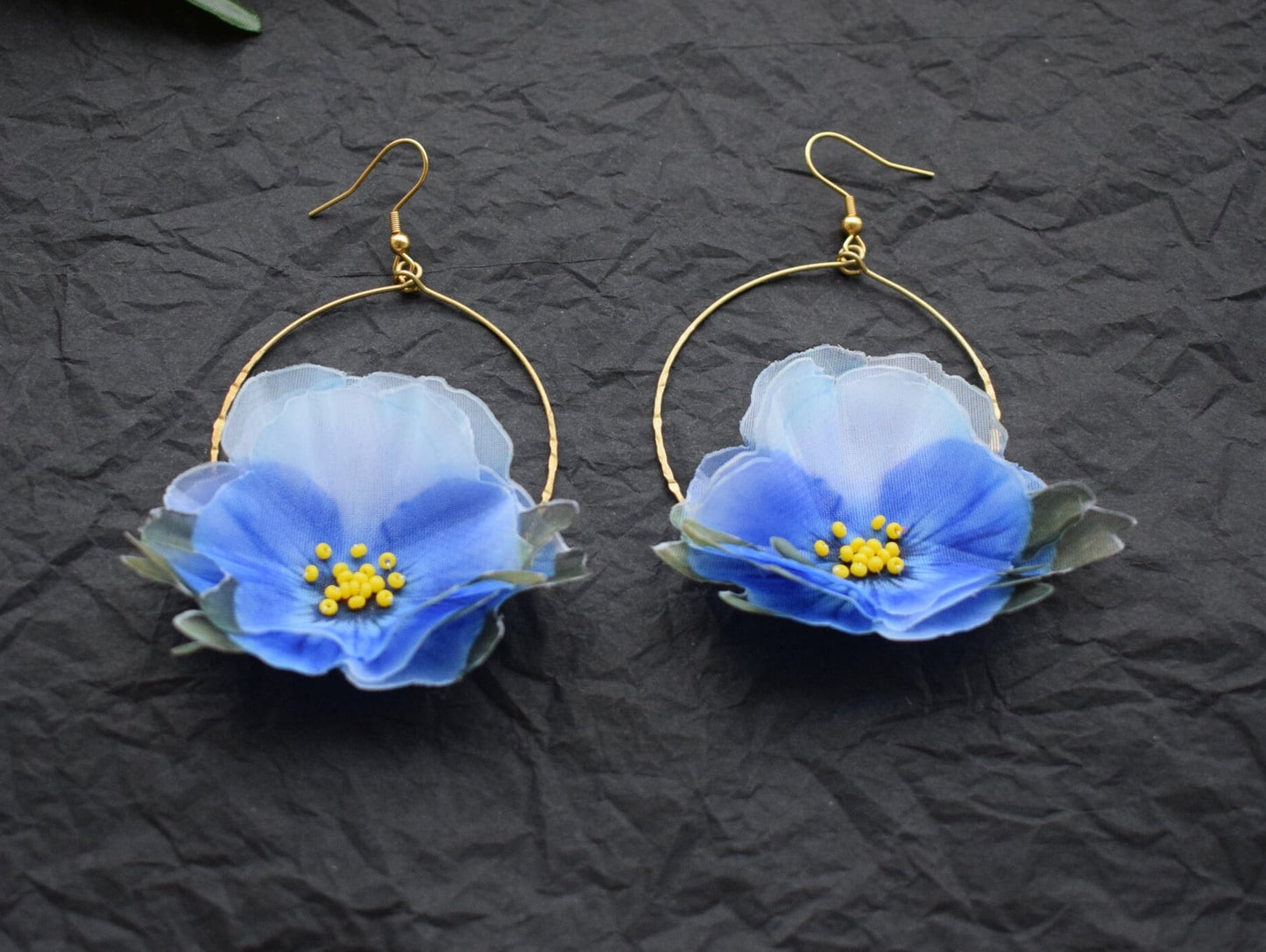 Blue Silk Pansy Hoop Earrings