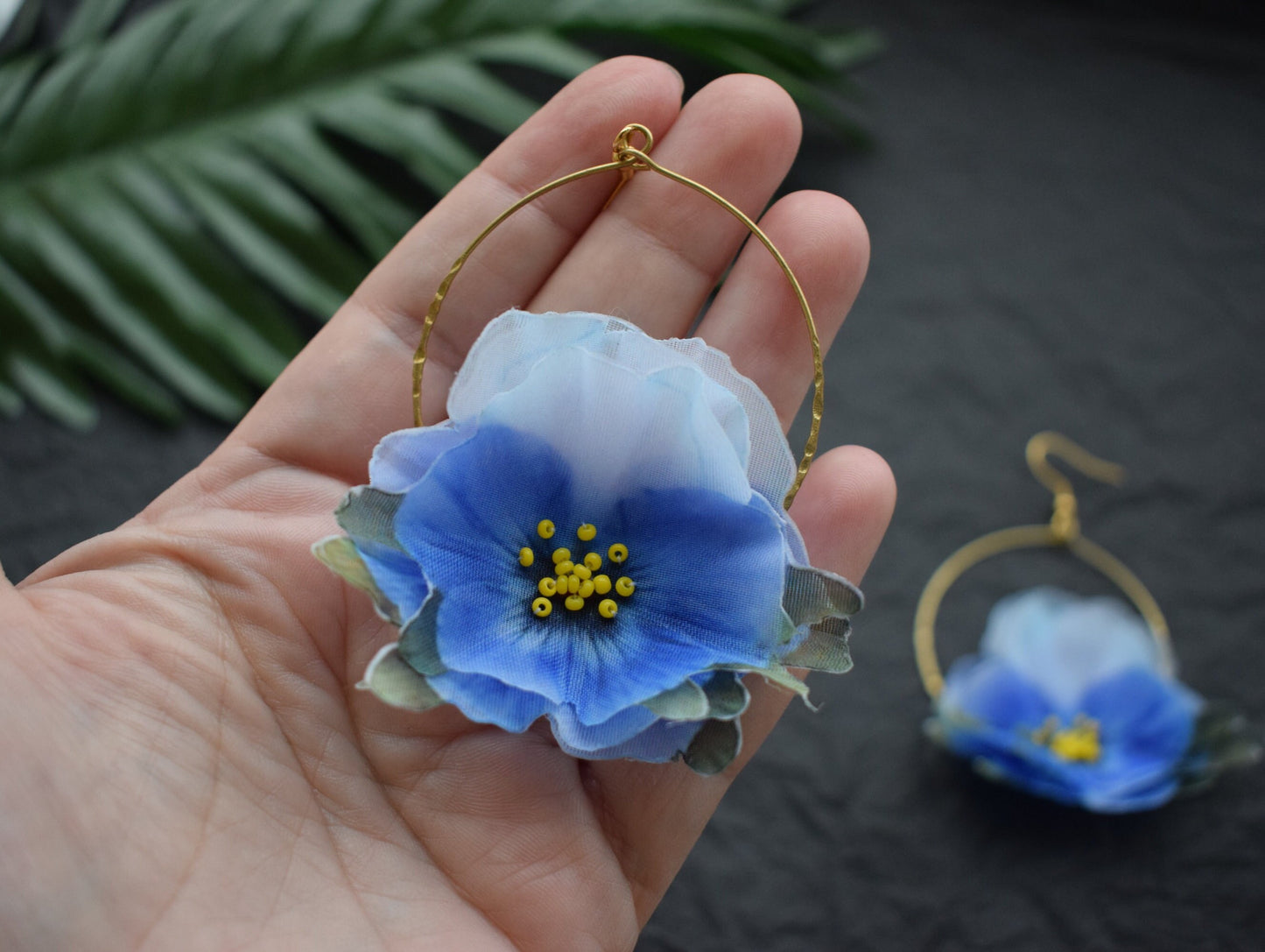 Blue Silk Pansy Hoop Earrings