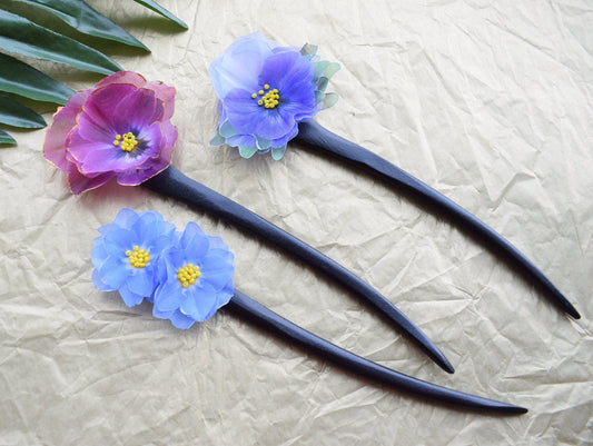 Wooden hair stick silk Forget-me-nots and Pansies