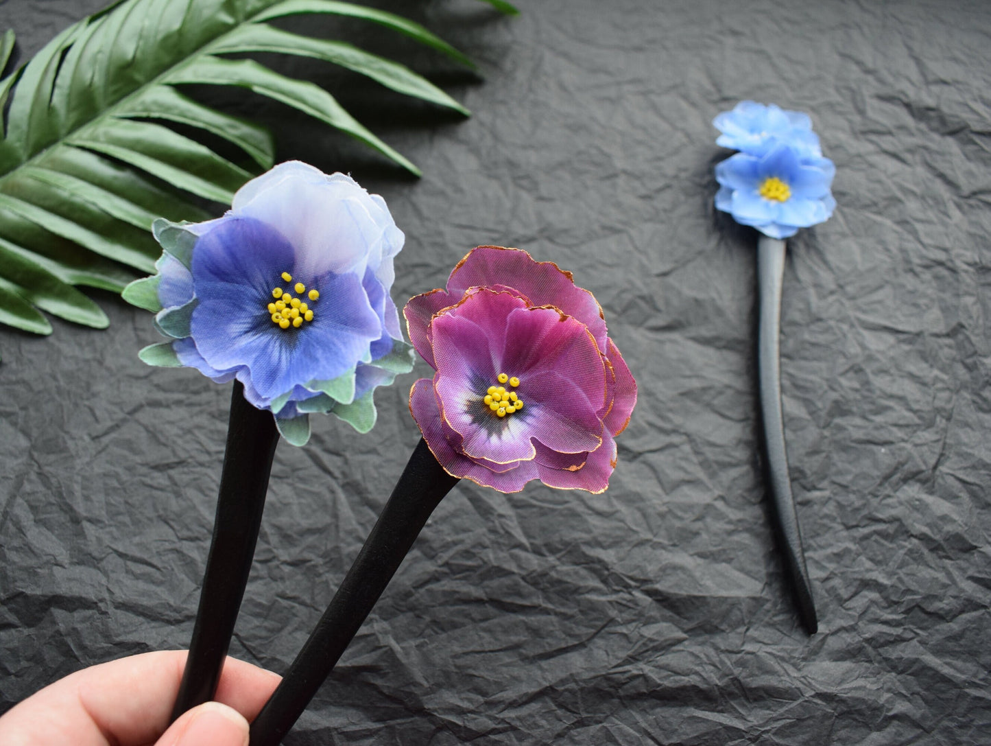 Wooden hair stick silk Forget-me-nots and Pansies