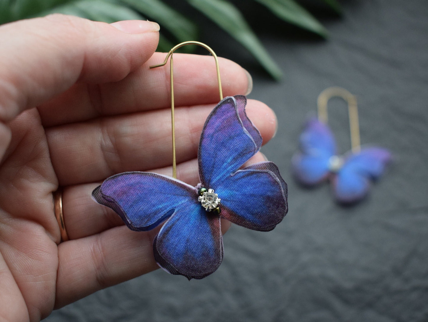 Purple Silk Butterfly Earrings on Brass Base lightweight summer jewelry for girl gift