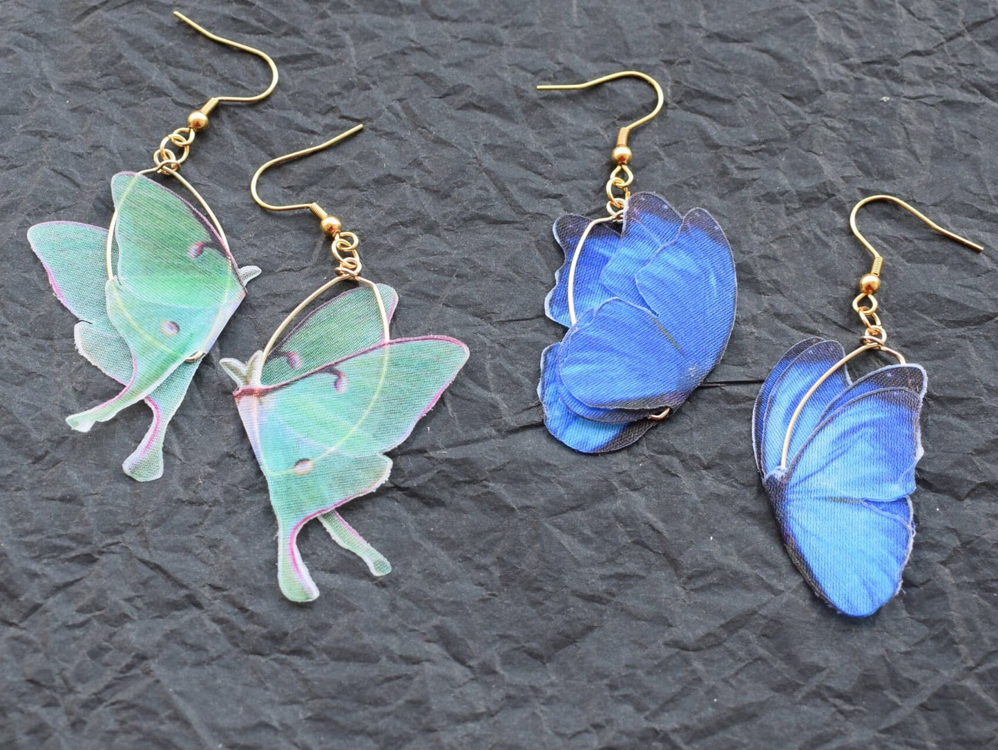 Silk butterflies golden oval drop earrings