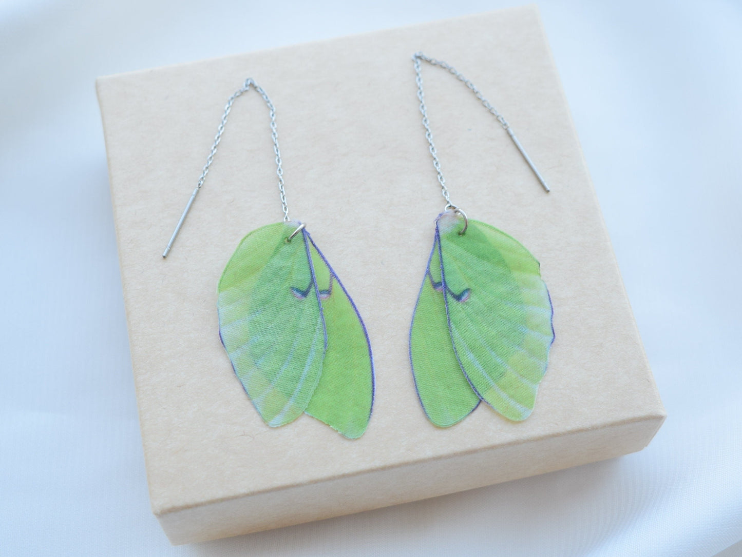 Luna moth wings drop long chain earrings